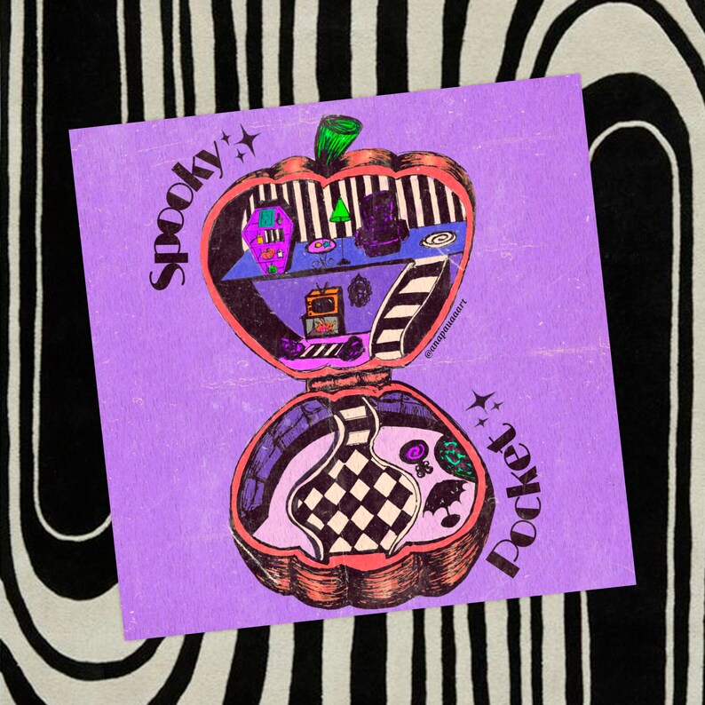 May include: A purple and pink illustration of a spooky pumpkin shaped pocket mirror. The mirror is open and shows a black and white checkered floor, a green plant, and a black and white striped wall. The text "Spooky Pocket" is written on the mirror.