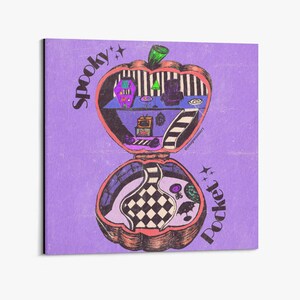 May include: A purple and pink illustration of a spooky pocket-sized house shaped like a pumpkin. The house is open and shows a black and white checkered floor, a staircase, and a small living room with furniture. The text "Spooky Pocket" is written on the outside of the house.