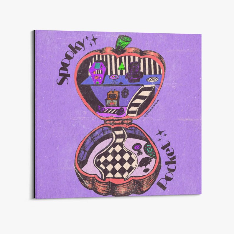 May include: A purple and pink illustration of a spooky pocket-sized house shaped like a pumpkin. The house is open and shows a black and white checkered floor, a staircase, and a small living room with furniture. The text "Spooky Pocket" is written on the outside of the house.