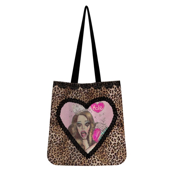 Courtney Love Fabric Tote Bag – Animal Print and Lace Design