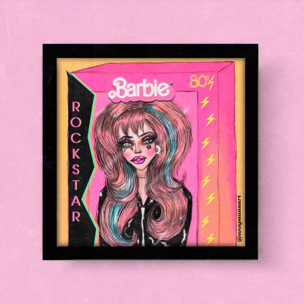 Retro Doll Rockstar 80s Aesthetic Art Print / malibu bimbo art Yk2/ collection piece / Girly art / Glam rock / vintage card / 90s Room Decor