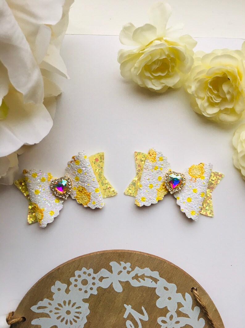 Easter themed Chicks Hair Bows Girls Hair Bows Glitter Bows Sparkly Bows Glitter Heart Bow Toddler Bows Baby Hair Bows