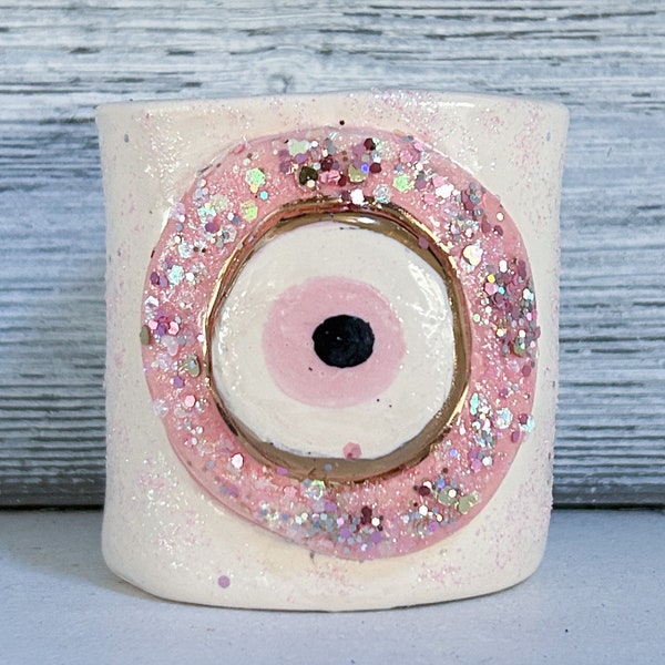 Pink sparkle Nazar Evil Eye BOHO ceramic pottery metallic gold succulent air plant cache pot planter vase  READ DESCRIPTION