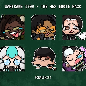 May include: The image displays six cartoon emotes from "Warframe 1999 - The Hex Emote Pack." Each emote features a different character with various expressions, including laughing, holding a game controller, and sleeping. The background is a dark green color.