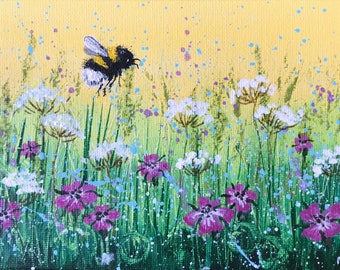 Original mini acrylic painting of bee and cow parsley