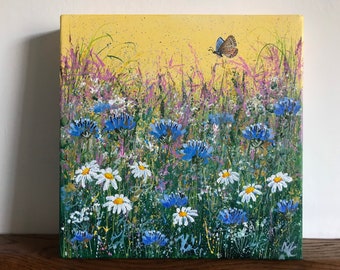 Original acrylic painting on canvas of meadow and butterfly