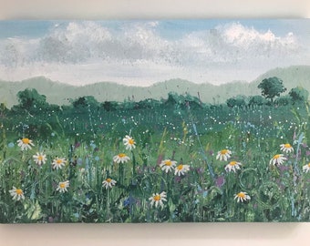 Original acrylic painting on canvas of daisy meadow