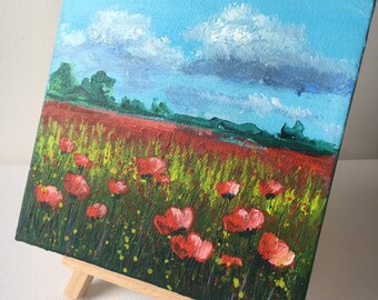 Poppy painting original acrylic mini painting on canvas of poppies, landscape painting with poppies