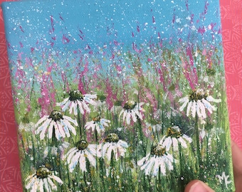 Original acrylic mini painting on canvas “Rosebay and Echinacea”