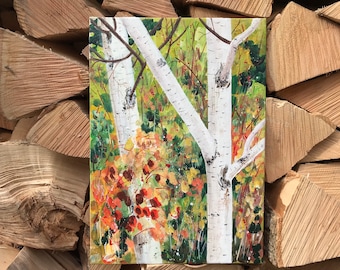 Original acrylic autumn fall painting of birch