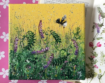 Mini acrylic bee and wildflower painting on canvas