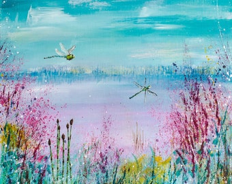 Dragonfly print, fine art giclee print. Pondlife and wildlife print. Floral art. Landscape painting