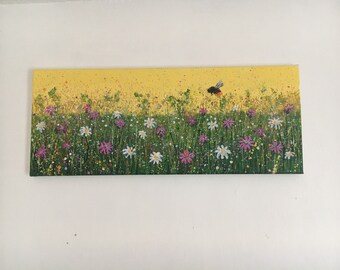 Original painting bee and wildflower. Acrylic on canvas. Hand painted by myself. wall art. Art for interiors floral meadow landscape