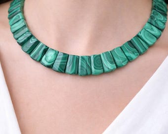 Handmade Green Malachite Beaded Choker Necklace, 12 Inch Gemstone