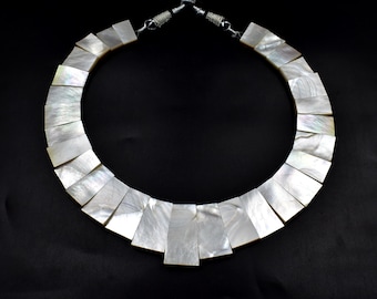 Mother of Pearl Choker Necklace, Beaded Collar, 14 inch