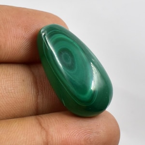 Può includere: Una gemma di malachite lucidata a forma di goccia. La pietra verde scuro presenta motivi circolari concentrici, creando un effetto vorticoso. La superficie è liscia e riflettente, mostrando le variazioni naturali di colore e consistenza.