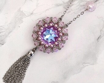 Collier sautoir pompon mauve et rose, collier long argent, bijou chic, sautoir en cristal de Swarovski, collier en perles de Murano