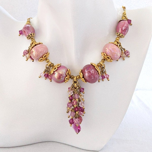 Collier rose et doré avec perles en céramique, cristal de Swarovski, bijou chic, collier à breloques avec perles de haute qualité