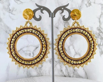 Large gold earrings, handwoven beaded hoop earrings, Bohemian glass beads, boho chic earrings