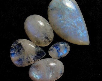 May include: Five polished moonstone gemstones of varying shapes and sizes. The stones display a milky white base color with iridescent blue and silver flashes. The gemstones are set against a black background.
