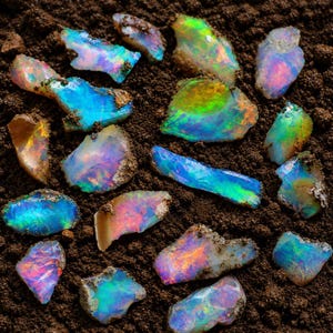 May include: A selection of raw opals displaying a spectrum of colours including blue, green, pink, and orange. The opals are arranged on dark brown soil, highlighting their natural, rough textures and iridescent colour play.
