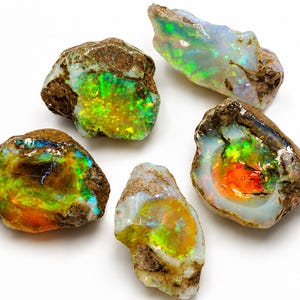 Könnte beinhalten: Fünf rohe Opal-Edelsteine mit leuchtenden Farben wie Grün, Orange und Blau. Die Opale haben eine raue, erdige Außenseite mit einem polierten, schillernden Inneren. Die Edelsteine werden auf weißem Hintergrund präsentiert.