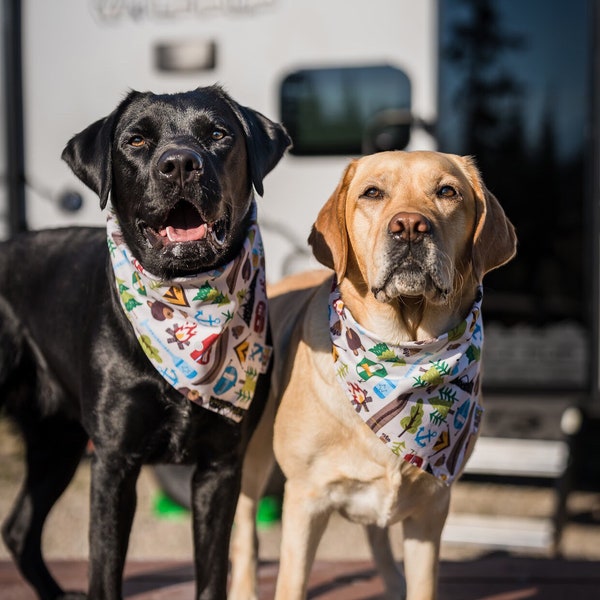 Happy Camper Bandana / Camping Dog Bandana / Dog•Cat Bandana / Pet Bandana /Outdoors • Adventure / Snap Bandana / Camping / Reversible