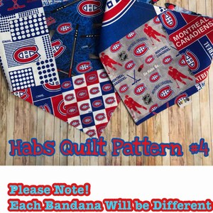 May include: A collection of Montreal Canadiens themed bandanas in various designs. The bandanas feature the team's logo, hockey sticks, and the words "Montreal Canadiens." The text "Habs Quilt Pattern #4" is also visible.