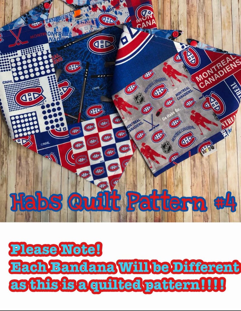 May include: A collection of Montreal Canadiens themed bandanas in various designs. The bandanas feature the team's logo, hockey sticks, and the words "Montreal Canadiens." The text "Habs Quilt Pattern #4" is also visible.