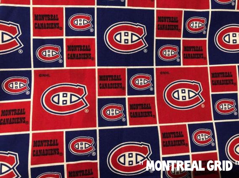 May include: A fabric pattern featuring the Montreal Canadiens logo in red, white, and blue. The design is a grid of squares with the team's logo and the words "MONTREAL CANADIENS". The text "MONTREAL GRID" is also visible.