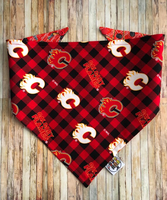 Calgary Flames Bandana Flames Pet Bandana Dog Cat Bandana Pet Bandana Calgary Flames Snap Bandana NHL Pet Wear Flames Plaid Etsy Canada