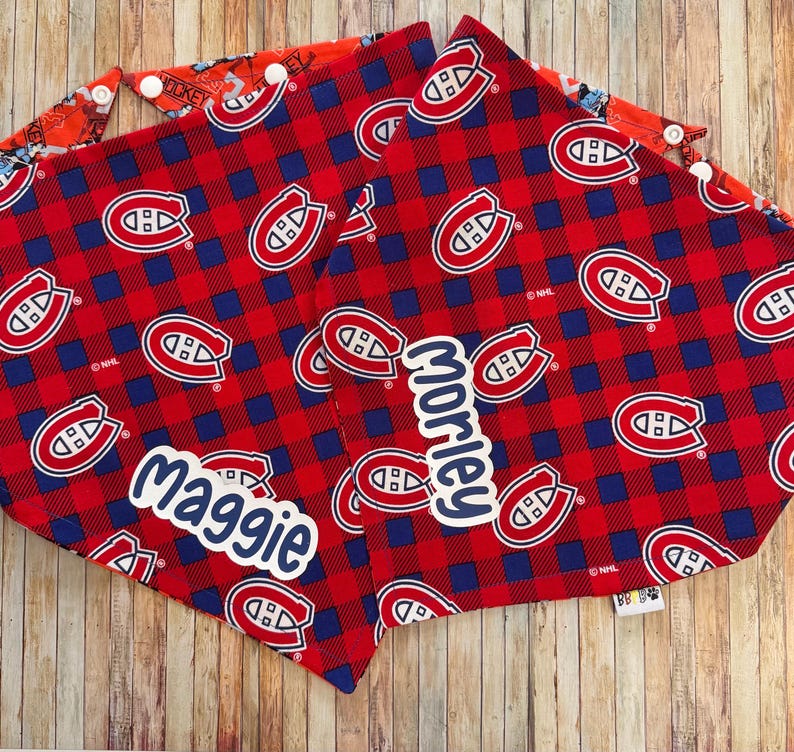 May include: Red and blue plaid dog bandanas with the Montreal Canadiens logo. One bandana has the name "Maggie" and the other has "Morley" in white script. The bandanas have snap closures.