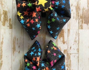 Metallic Rainbow Stars Dog Bow Tie • Navy Blue White Stars • Cat Bow Tie • Pet Bowtie • Celebratory • Special Occassion • Dog Bow Tie •