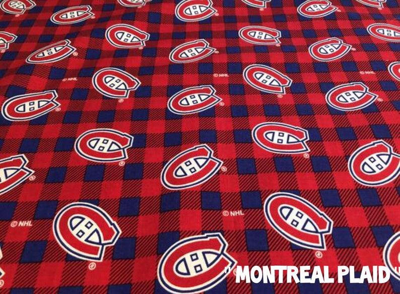May include: Red and blue plaid fabric with the Montreal Canadiens logo repeated across the surface. The logo is a white "H" inside a red circle with a blue outline. The text "MONTREAL PLAID" is visible.