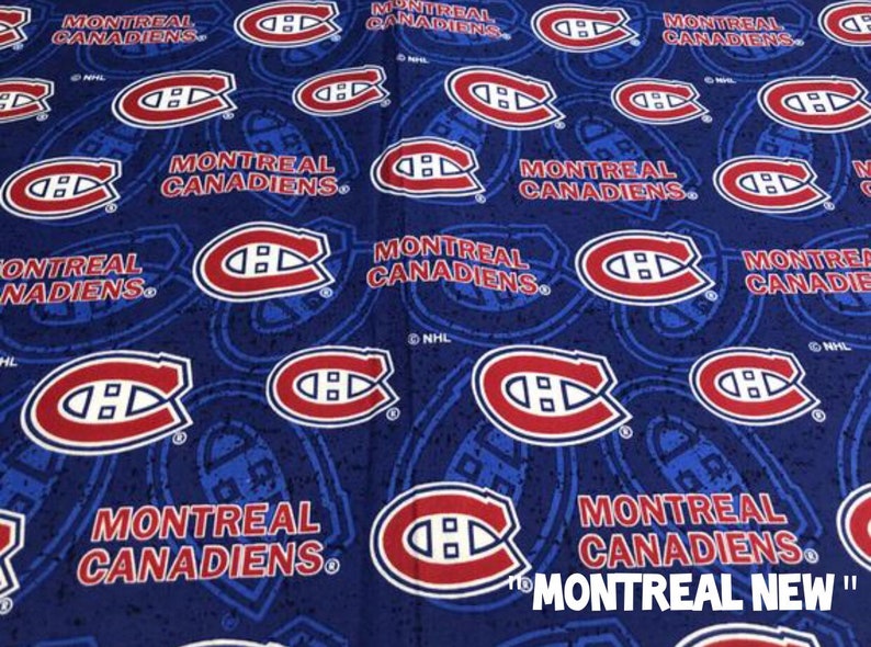 May include: Blue fabric featuring a repeating pattern of the Montreal Canadiens logo in red and white. The words "MONTREAL CANADIENS" are also printed on the fabric. The fabric has a paisley-like design.