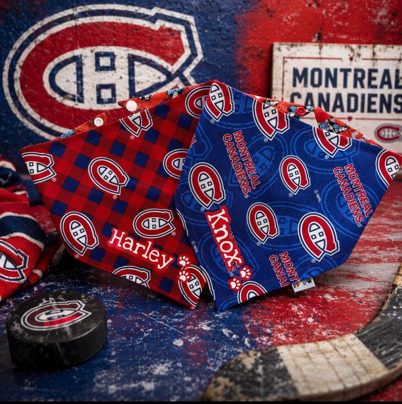 May include: Two pet bandanas featuring the Montreal Canadiens logo. One is red plaid with "Harley" embroidered, the other is blue with the team logo and "Knox" embroidered. A hockey puck and a sign that says "Montreal Canadiens" are also visible.