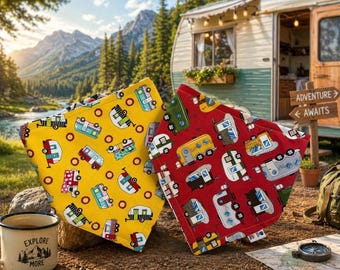 Happy Camper Pet Bandana / Camping Dog Bandana / Dog • Cat Reversible Bandana / Pet Bandana / Outdoors • Adventure / Snap Bandana / Camping