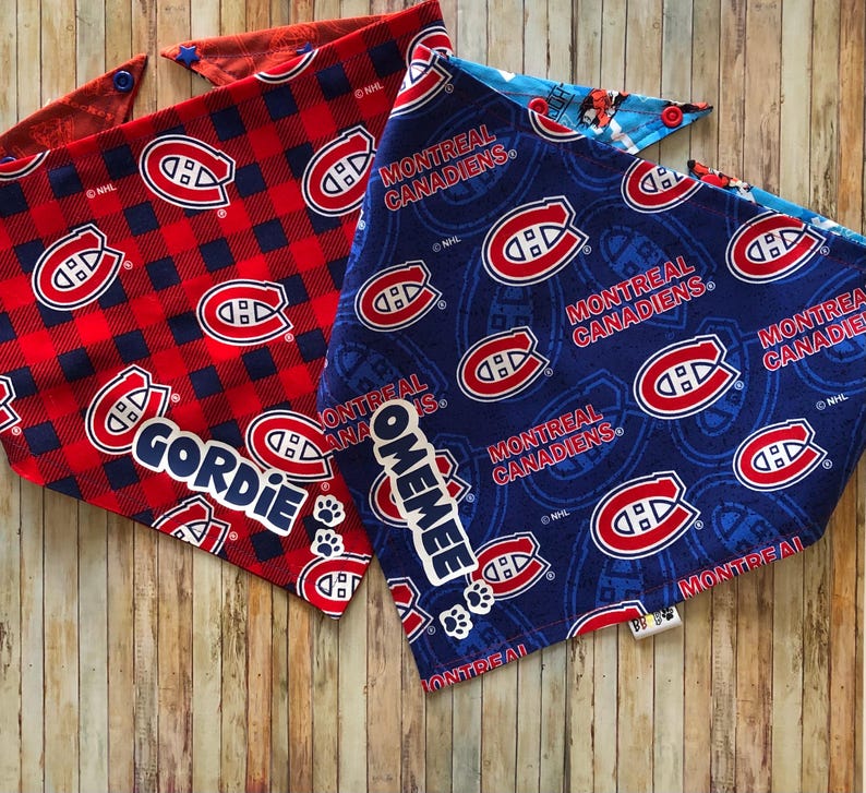 May include: Two dog bandanas featuring the Montreal Canadiens logo. One is red with a plaid pattern and the name "Gordie". The other is blue with the team logo and the name "Omemee". Both have snap closures.