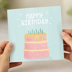 Jolie carte de joyeux anniversaire avec illustration de gâteau et de bougies / pastel femme maman fille cousine soeur tante amie rose bleu simple cuisson