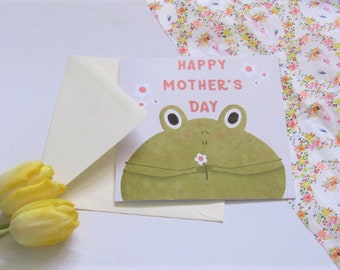 Cute mother's day card with frog illustration/ small square happy/ flower floral/ cottagecore/ mom mother/ funky