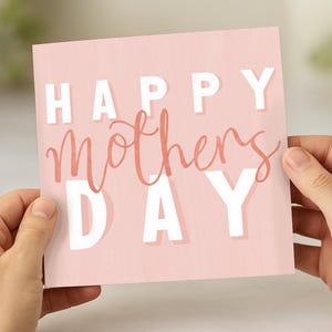 Tarjeta del Día de la Madre con letras rosas hechas a mano / Caligrafía tipográfica, saludos cuadrados pequeños / Mamá madre / Sencillo y lindo / Gracias, gracias
