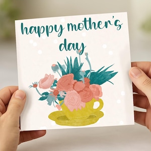 Jolie tasse à thé florale carte de voeux pour la fête des mères/tasse maman mère thé jardinage bouquet de fleurs illustration botanique colorée