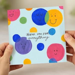 Merci pour tout Carte de voeux / peinture numérisée illustration typographie oeuvre sourires emoji / enseignant ami collègue famille