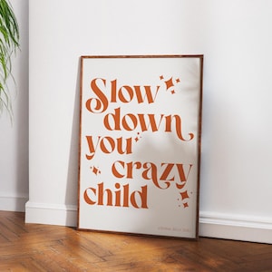 May include: A framed print with the text "Slow down your crazy child" in orange lettering on a white background. The print is framed in a brown wood frame.