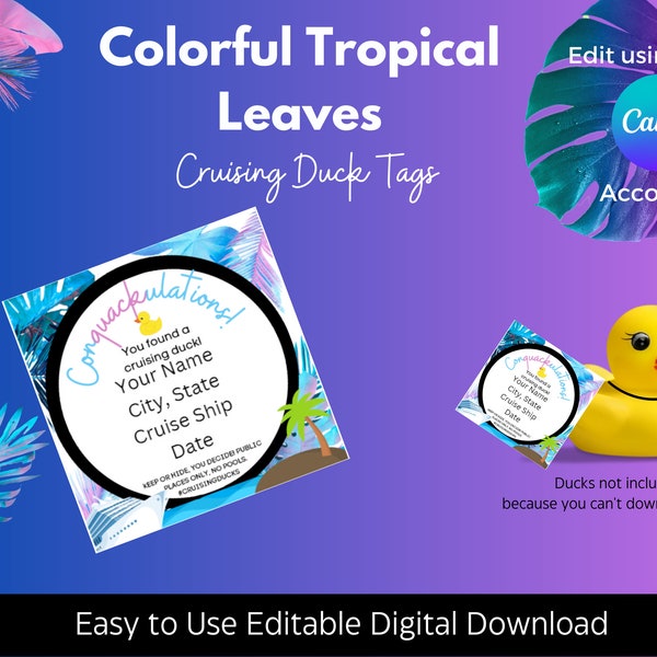 Tropical Leaves Cruising Duck Tags | Cruising Ducks Digital Download| |Printable Cruise Tags| |Printable Cruise Ducks Tags|