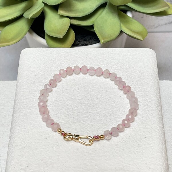 Gift for Her, Natural Rose Quartz Hand Knotted Bracelet with Gold Clasp, Love Energy Crystal Jewelry, Gemstone Layering Bracelet