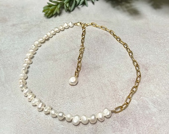 Collier de chaîne de superposition de perles baroques naturelles, perles nouées à la main, chaîne de trombone, bijoux de perles modernes, pierre de naissance de juin, cadeau pour elle