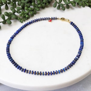 Lapis Lazuli Choker Necklace: Skinny Gemstone Beads, Red Heart Charm