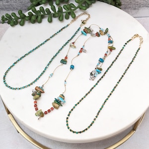 Handmade Gemstone Layering Necklace: Opal, Carnelian, Turquoise, Malachite