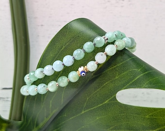 Jadeite Gemstone Bracelet: Handmade Evil Eye Charm, Gold or Silver Accent